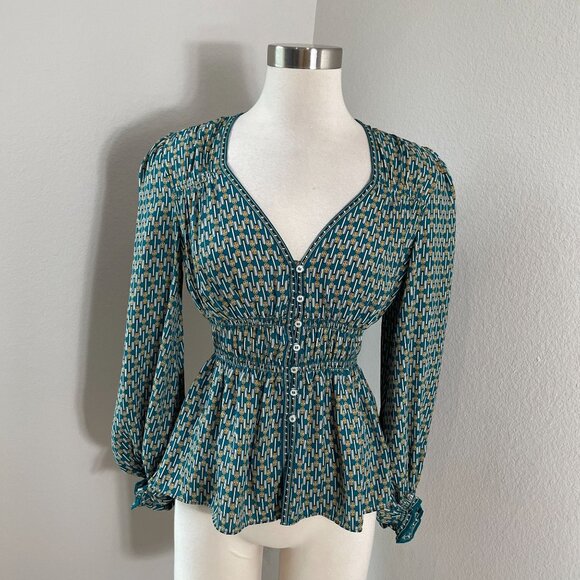 Max Studio Womens Small Geometric V Neck Peplum Blouse Teal White Yellow Shirt - Picture 1 of 13